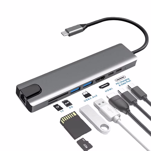 Adaptateur Hub USB-C 8-en-1 HDMI USB 3.0 Ethernet RJ45 SD PD au Cameroun
