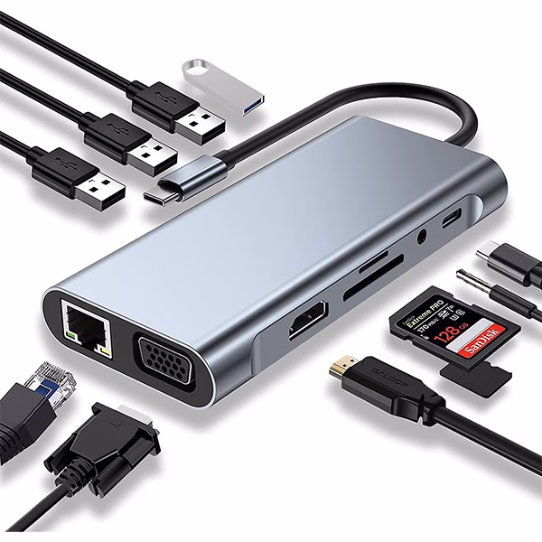Adaptateur Hub USB-C 11-en-1 gris avec HDMI 4K, VGA, Ethernet Gigabit, USB 3.0 et lecteur de cartes au Cameroun