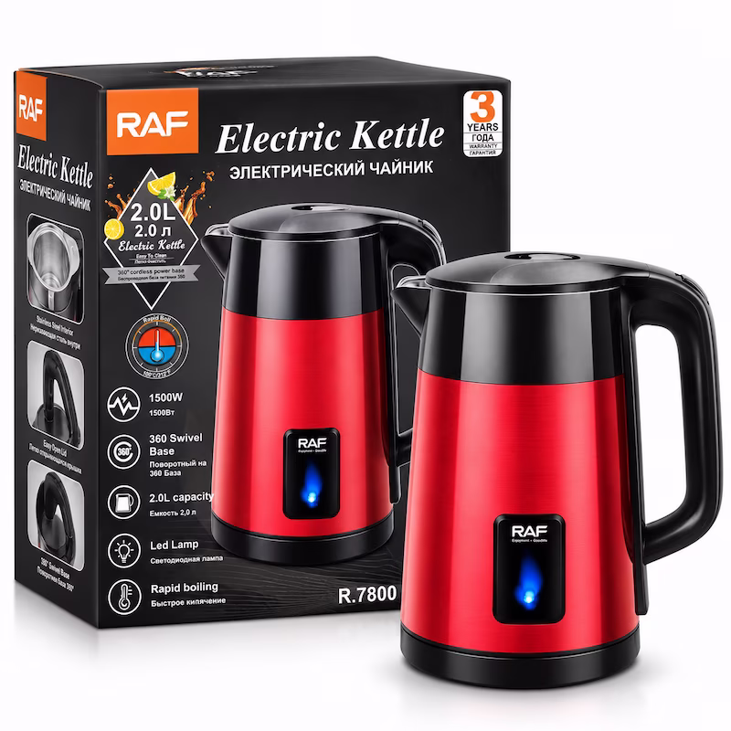 Bouilloire électrique RAF R.7800 rouge et noire de 2 litres, puissance 1500W, arrêt automatique et base pivotante 360° au Cameroun