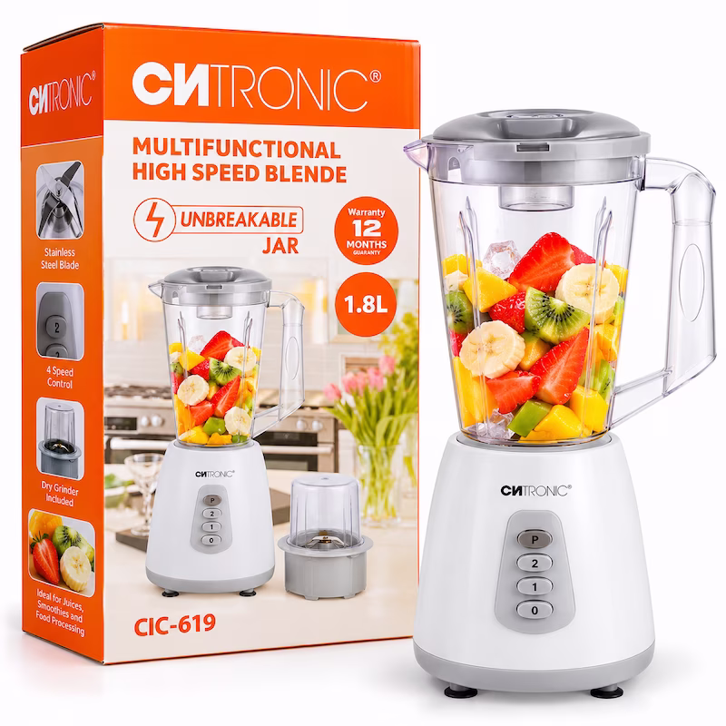Blender électrique CNTRONIC CIC-619 650W avec bol transparent de 1,8 litre et moulin de 200 ml au Cameroun