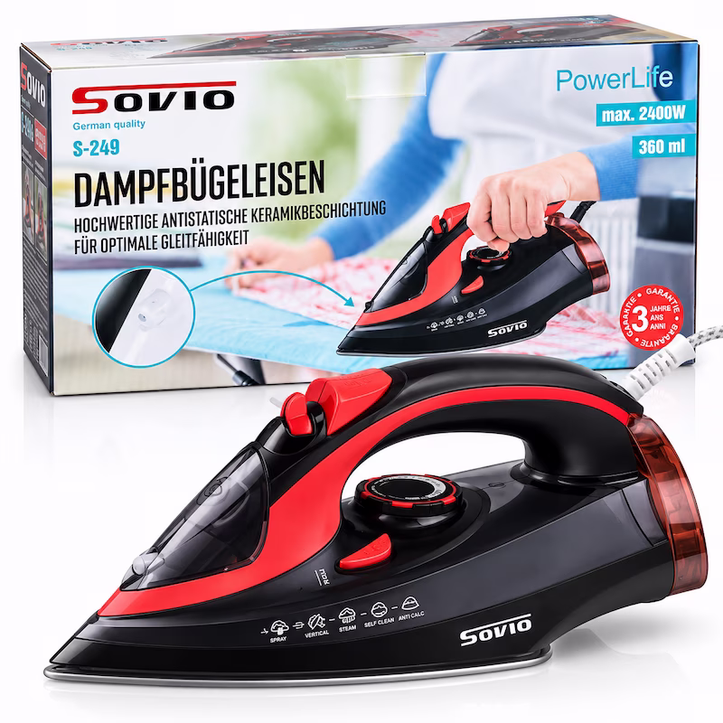 Fer à repasser vapeur SOVIO PowerLife S-249 noir et rouge avec semelle céramique et réservoir de 360 ml au Cameroun