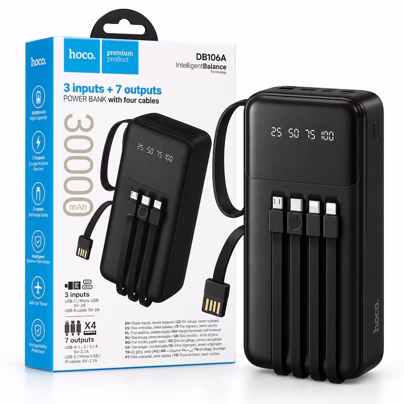 Power Bank HOCO DB106A 30000mAh noir avec quatre câbles intégrés, écran numérique et sept sorties de charge au Cameroun