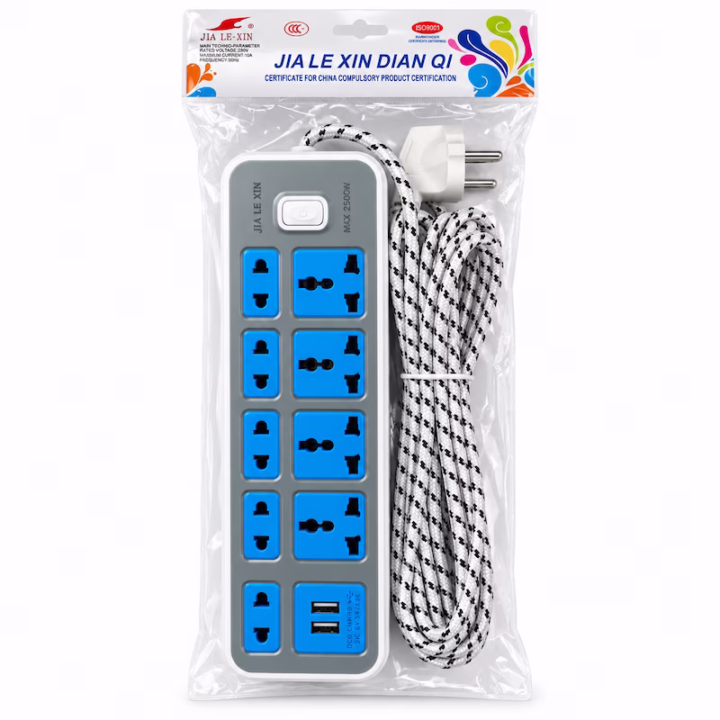 Multiprise électrique JIA LE XIN gris et bleu avec 9 prises universelles, 2 ports USB et câble tressé au Cameroun