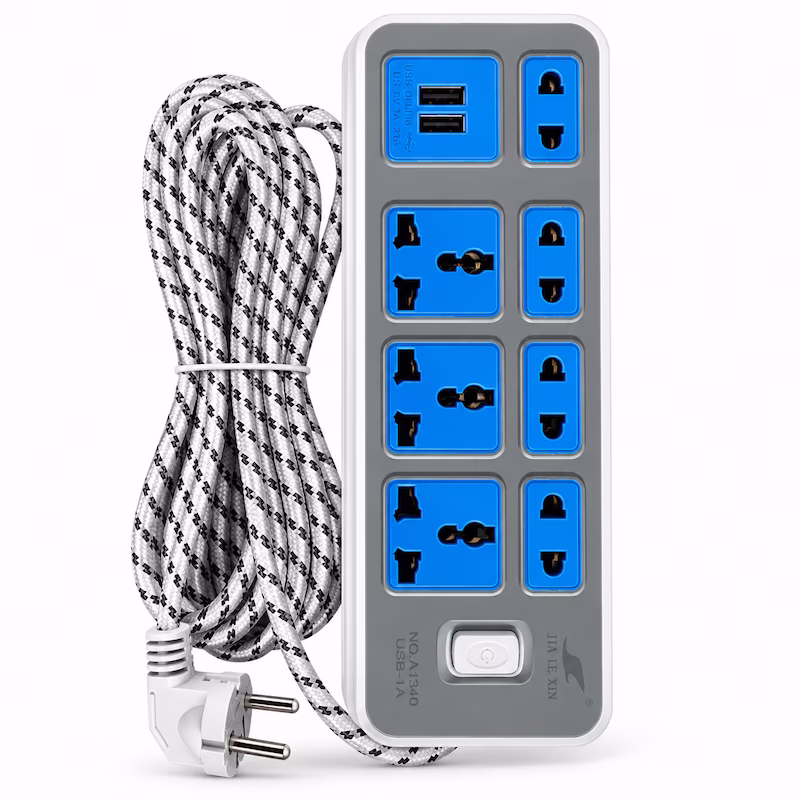 Multiprise électrique JIA LE XIN A1340 gris et bleu avec 7 prises universelles, 2 ports USB et câble tressé au Cameroun